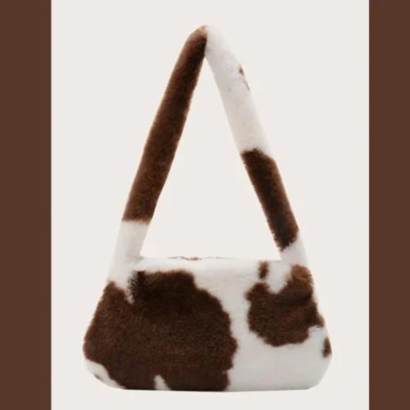 Handbags - Cow Pattern Furry Underarm Bag Mini Plush Shoulder Handbags Purse Cow Fuzzy Bag